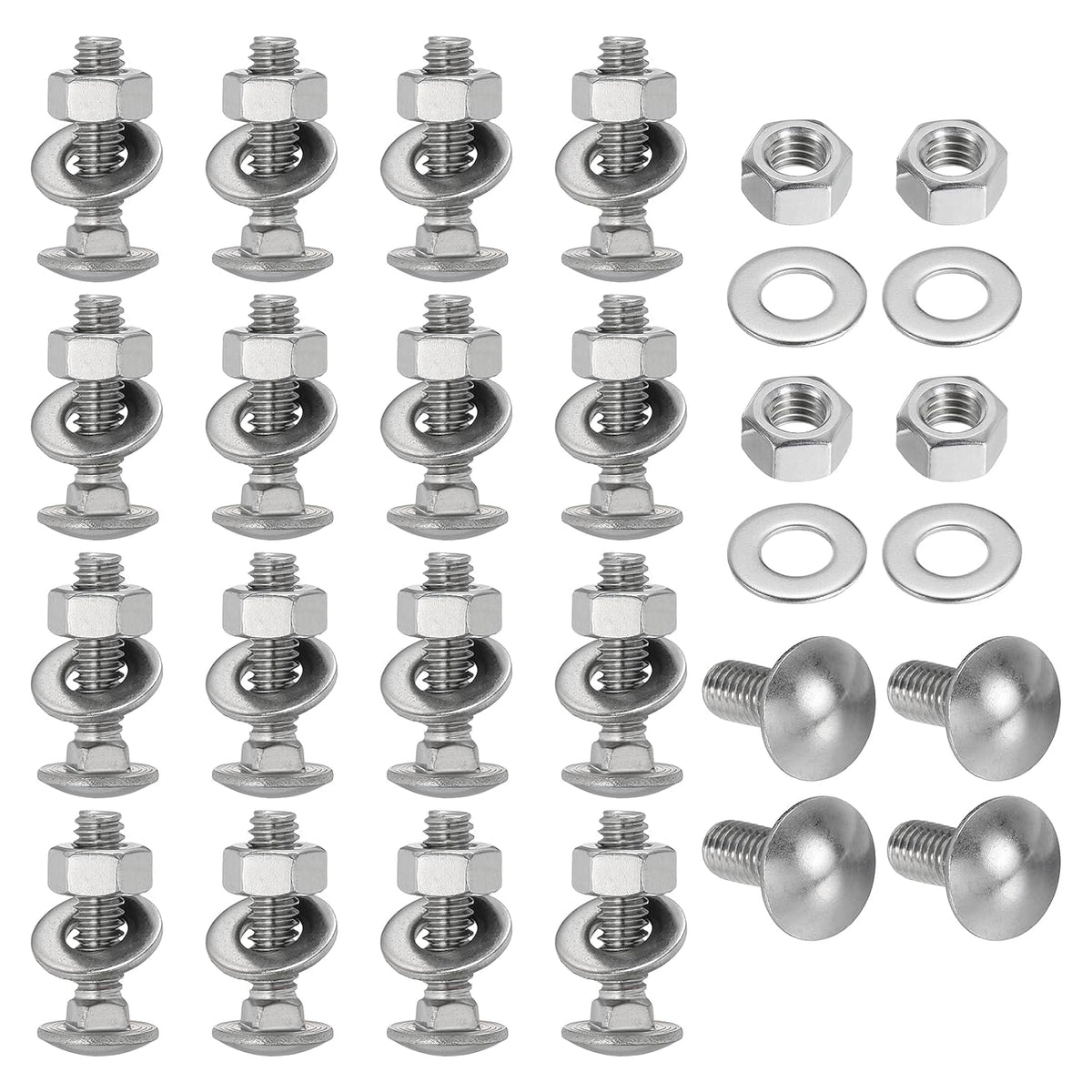 Carriage Bolts Screws 20 Sets, 1/4-20 x 1 304 Stainless Steel Bolts Assortment Round Head Square Neck with Hex Nuts & Flat Washers Full Thread Coverage - Silver