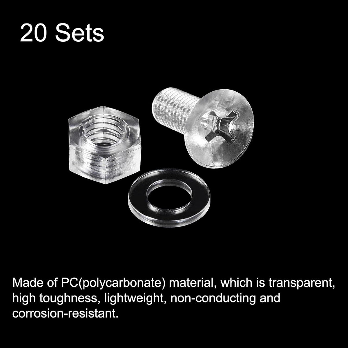LinkMejor M8 x 50mm Plastic Phillips Machine Screws with Nuts and Flat Washers, PC Flat Head Machine Bolts Transparent 20 Sets