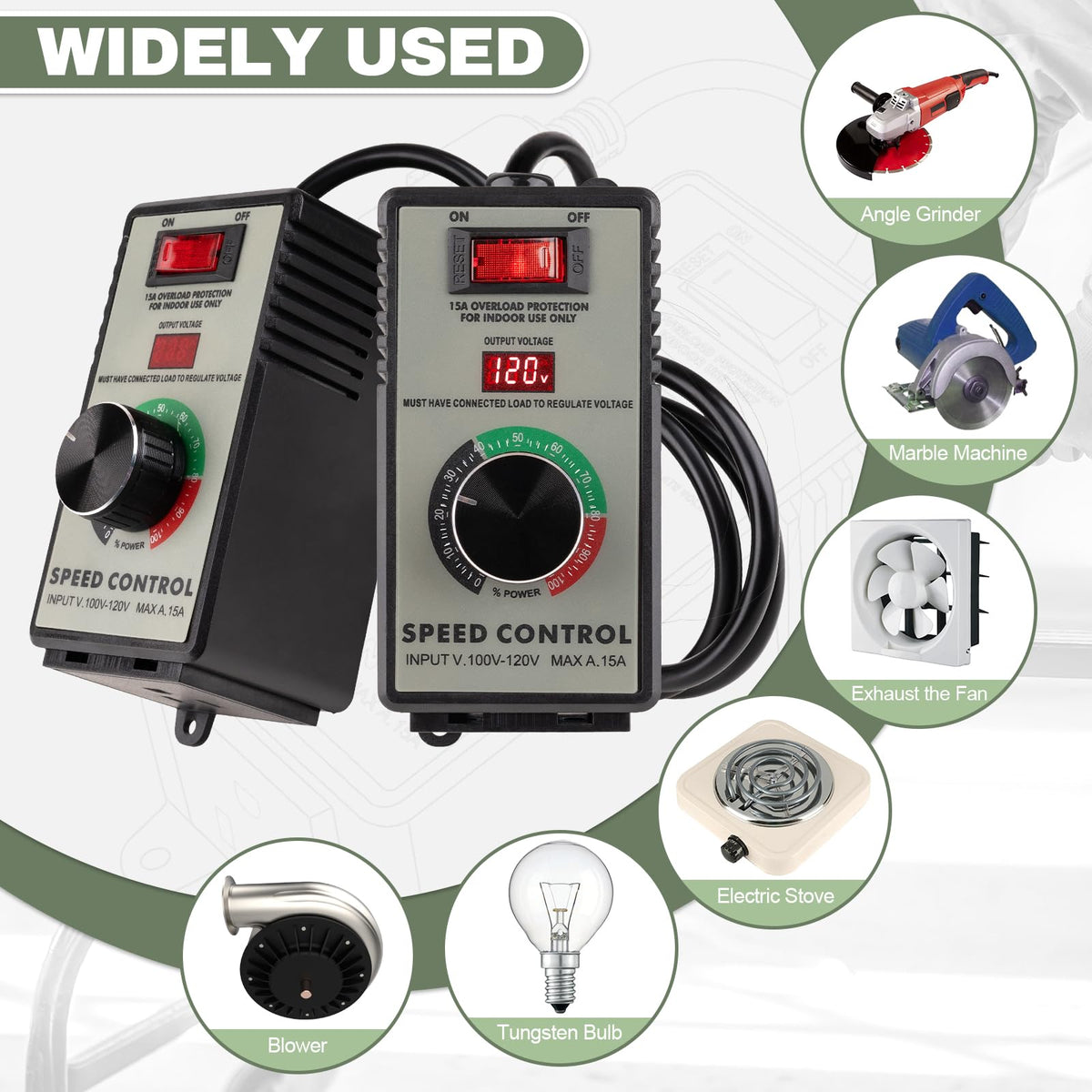 Contrôleur de vitesse du moteur AC, régulateur de vitesse 120V 15A pour moteurs à balais