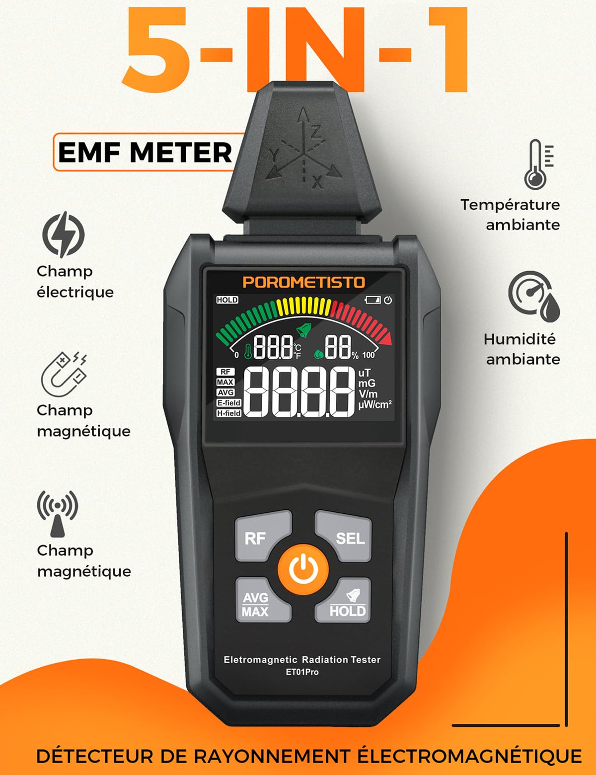Medidor de Radiación EMF 5-en-1 Detector LinkMejor, Plus Temp y Humedad