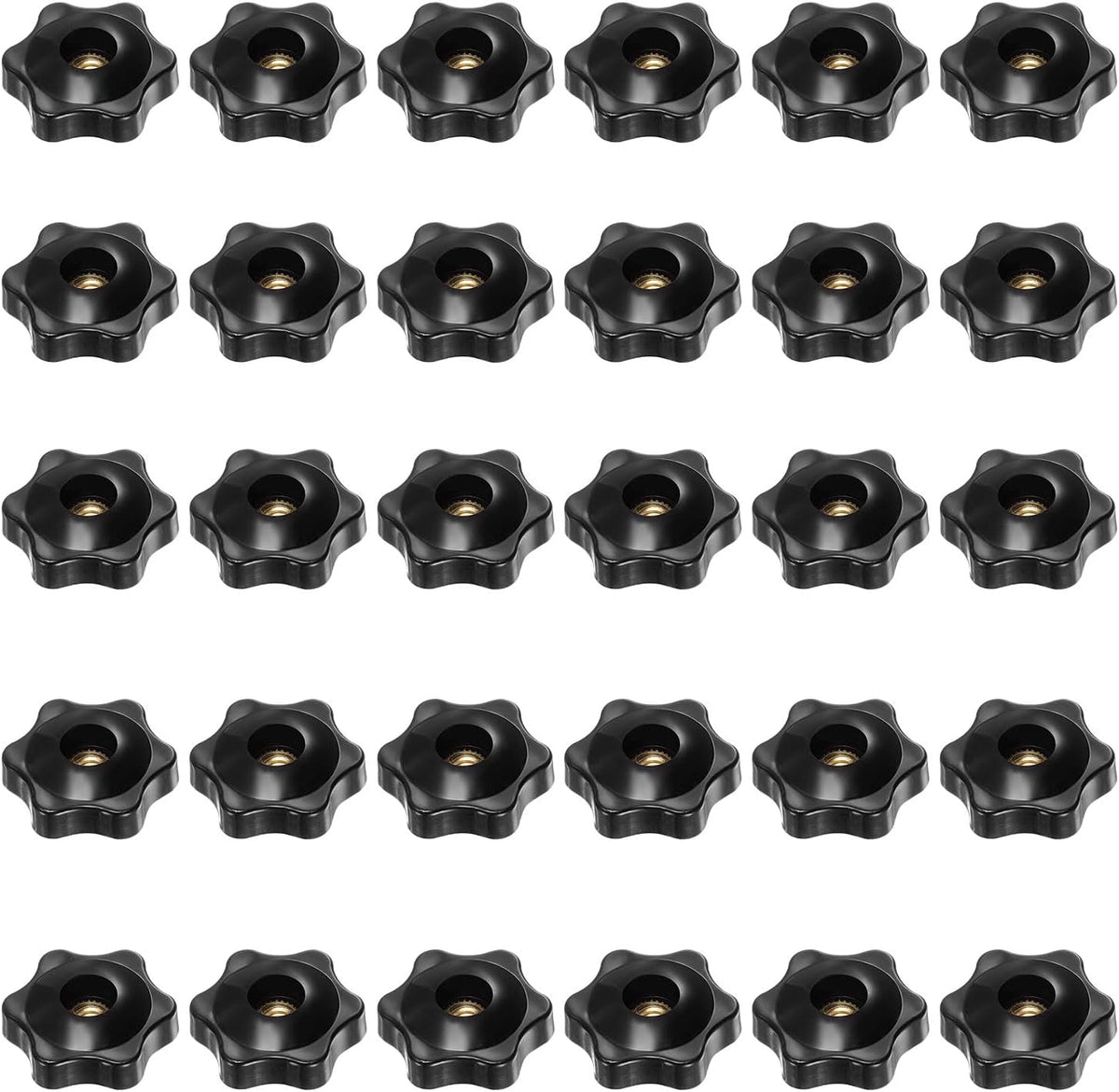 30pcs 6-Star Knobs 1/4-20 Female Thread 32mm 6-Point Star Plastic Head Through Hole Brass Insert Screw-in Threaded Hand Knob Clamping Handles Jig Knobs, Black