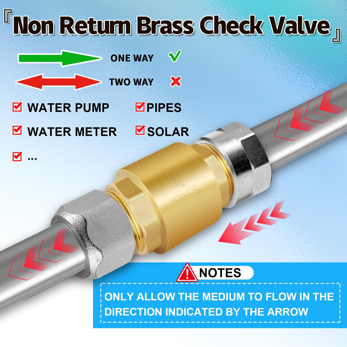 Solid Brass Spring Check Valve 3/4" NPT Male, Inline One Way Valve