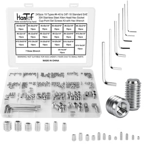 LinkMejor 245 Pcs 19 Tamanhos Conjunto de Parafusos de Assortimento, Parafusos de Cabeça Allen SAE Grub para Acessórios de Banheiro, 304 Aço Inoxidável Interno de Engate Hexagonal de Copo-Ponto para maçaneta de Porta, Torneiras (#4-40 a 3/8"-16 