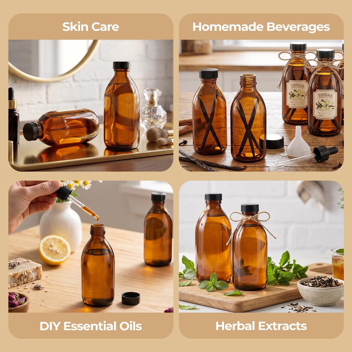 8 Pack 8oz Extracto de Vanilla Botellas, Botellas de Vidrio ámbar para Extracto de Vanilla