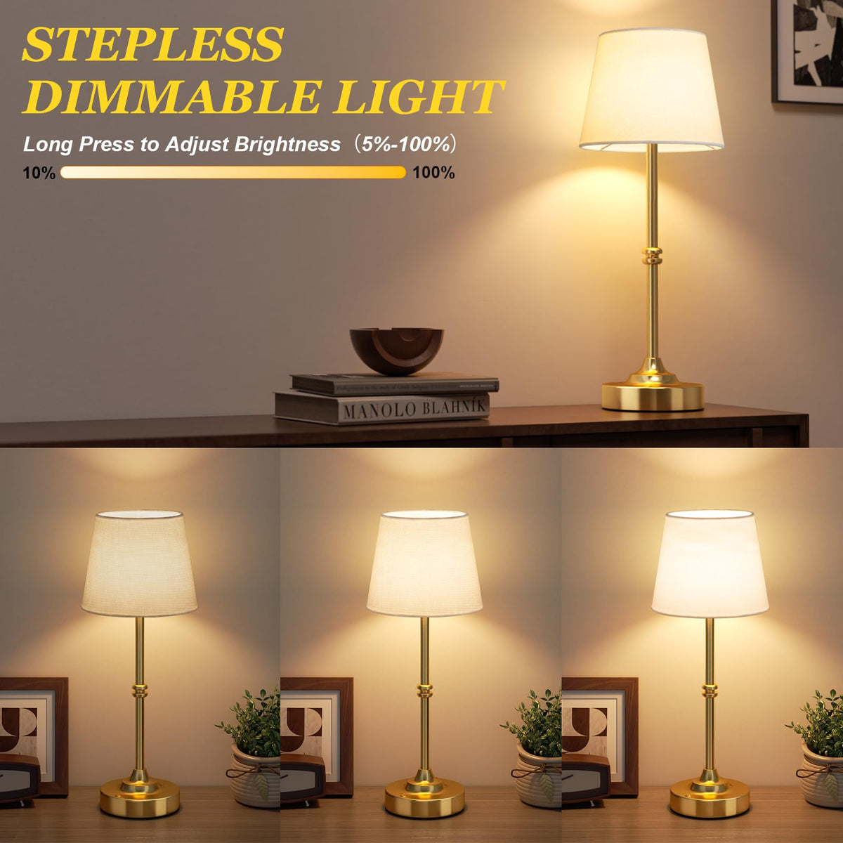 LinkMejor Cordless Table Lamp, Rechargeable Battery Operated, Brass, 1 Pack