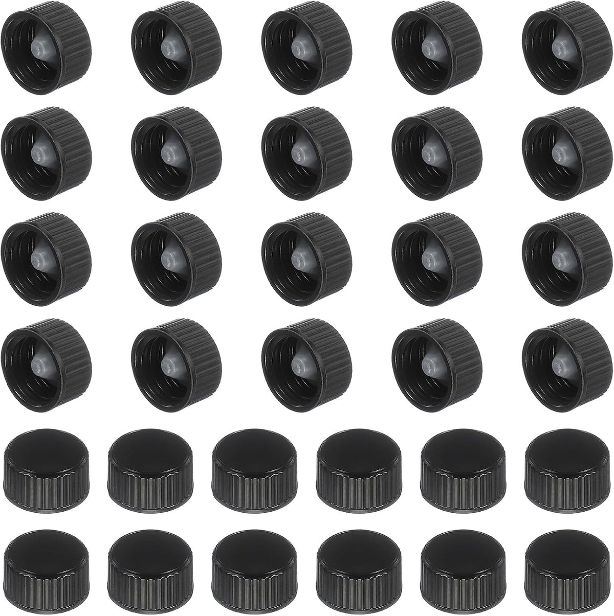 32 Pcs Phenolic Resin Cover, 18mm Poly Seal Screw Caps Plastic Replacement Bottle Caps Thread Plastic Lids for Chemicals Food Cosmetics Bottles, Black