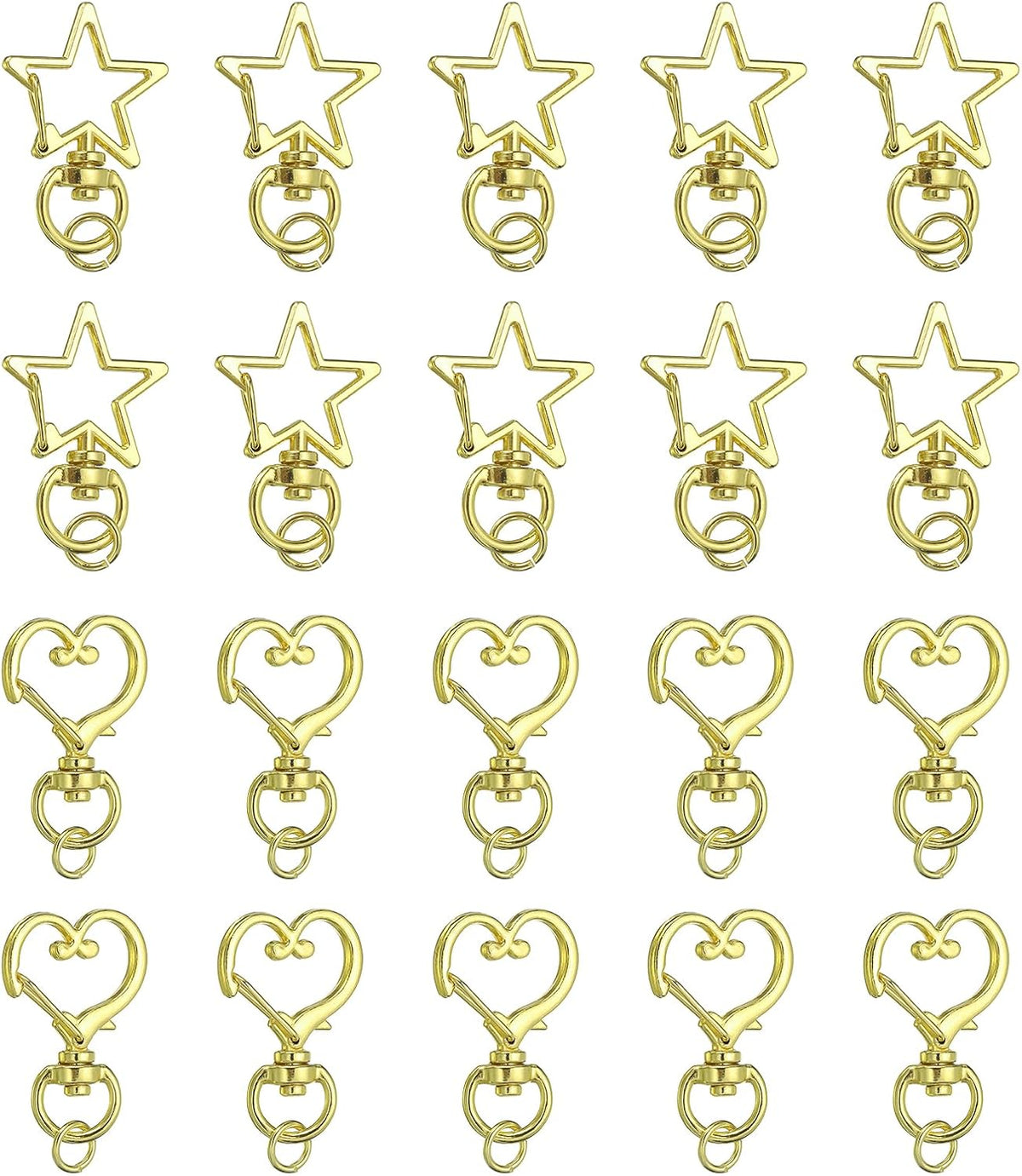 20 Pcs Metal Spring Snap Keychain Clip, Star Heart Shape Swivel Snap Hooks Lobster Claw Clasp with Open Jump Ring for DIY Crafts Bag Decoration, Gold