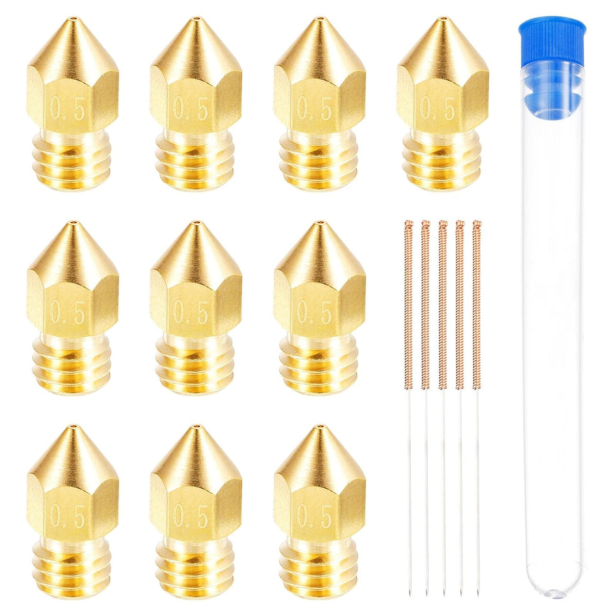 10Pcs 3D Printer Nozzle, Brass Nozzle 0.5mm, Extruder Print Head for 1.75mm M6 3D Printer