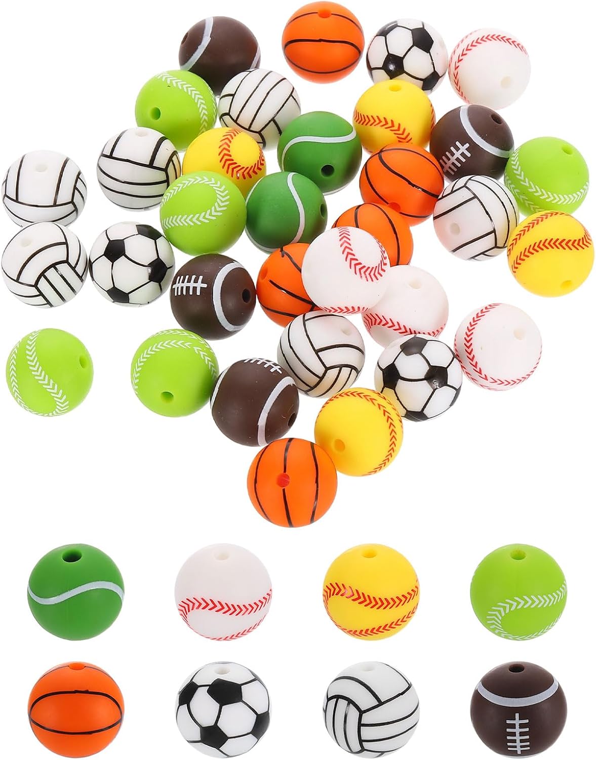 Sports Ball Beads, 48Pcs 15mm - Silicone Round Spacer Focal Beads, Rubber Loose Print Sports Beads for Keychain Making Pens DIY Crafts Necklace Bracelet Lanyard (8 Styles)