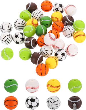 Sports Ball Beads, 48Pcs 15mm - Silicone Round Spacer Focal Beads, Rubber Loose Print Sports Beads for Keychain Making Pens DIY Crafts Necklace Bracelet Lanyard (8 Styles)