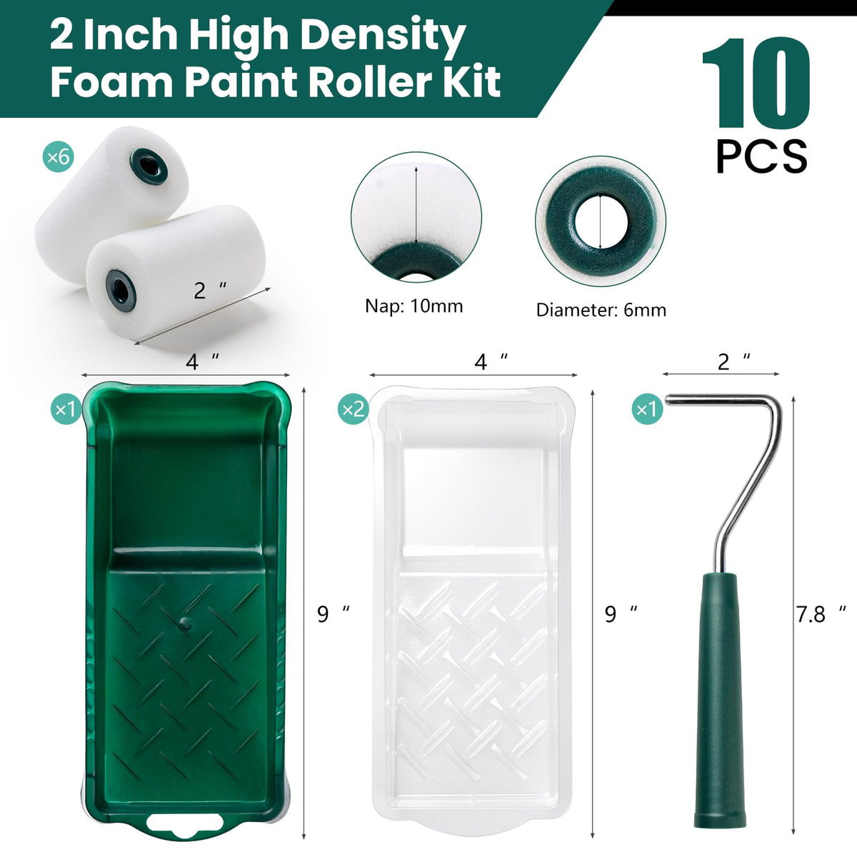 LinkMejor Kit Rollera do Farby Foam, 2 Calowy 10 Sztuk