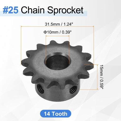 #25 Chain Roller Sprocket 10mm Bore 31.5mm OD, 14 Tooth C45 Carbon Steel ANSI Chain NO.25 Roller Sprocket Round Hole Without Surface Finished for ISO 04C Chain