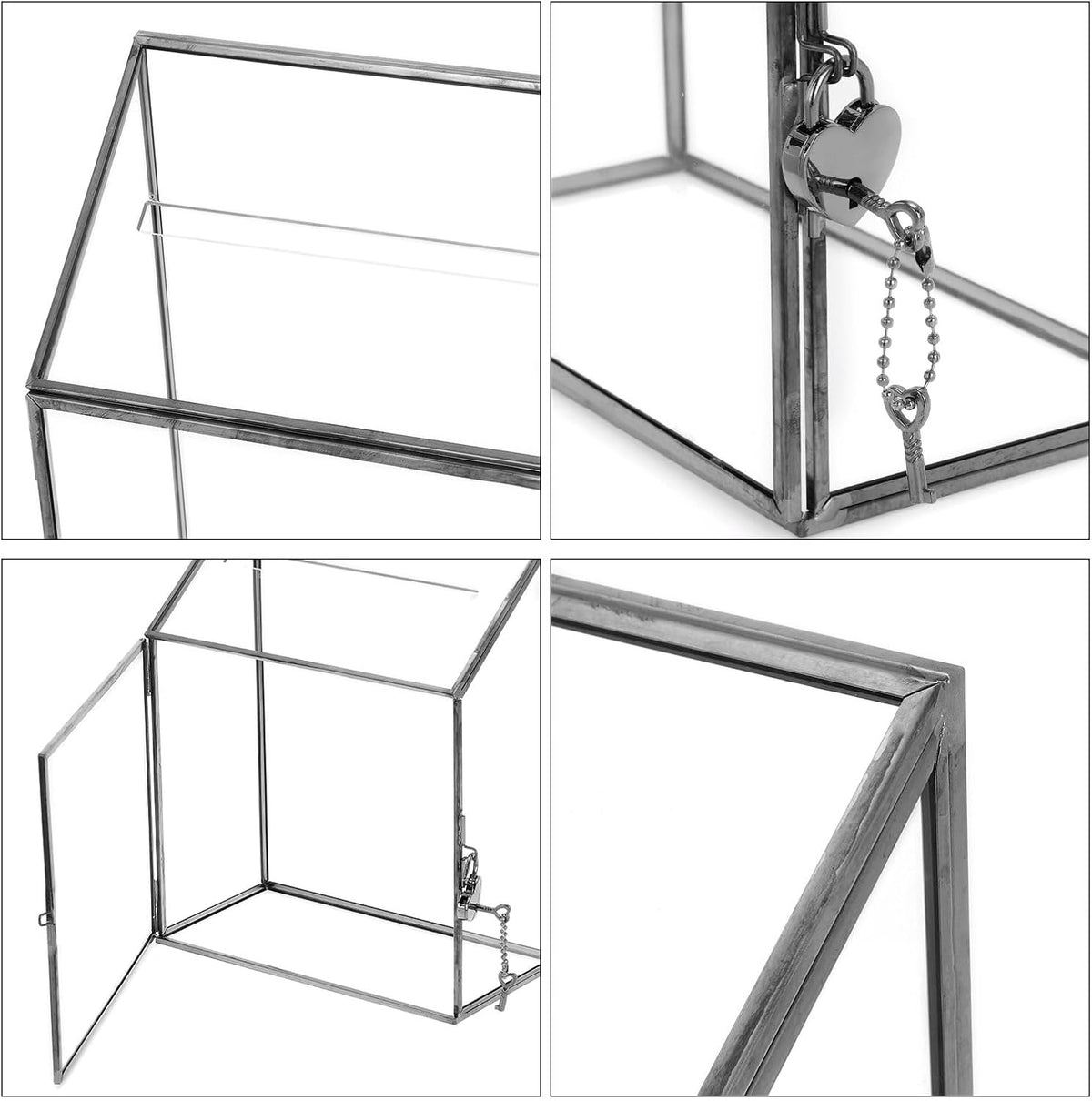 Glas Card Box Bruilofts Card Box met Slot voor Bruilofts receptie, 8" x 4" x 10" Envelop Card Holder voor Receptie, Eindexamen, Cadeaukaarten, Zilver