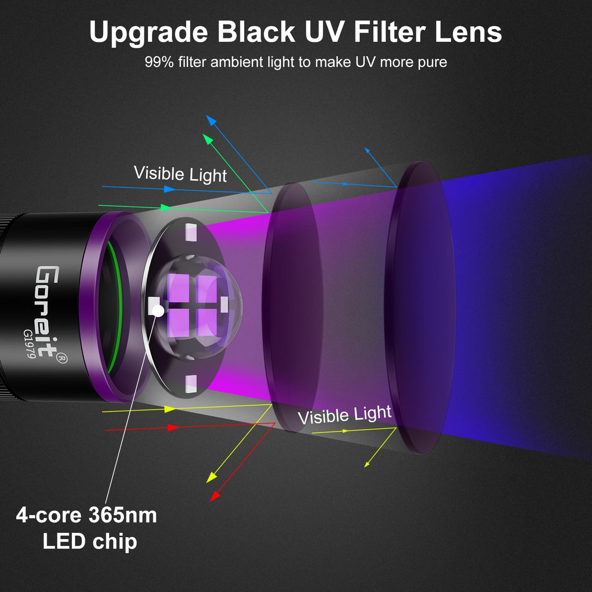 Luz UV Flashlight Recargable de 365nm con Lente de Filtro y Pantalla LCD