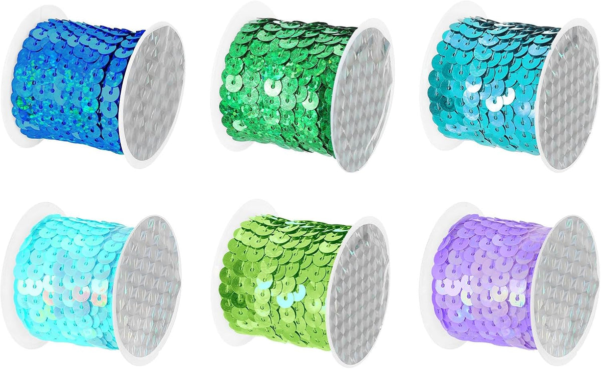 LinkMejor 6 Colors 30Yds Flat Sequins Strip, 6mm Spangle String Spool Roll Sewing String Ribbon for Fringe Sewing DIY Projects