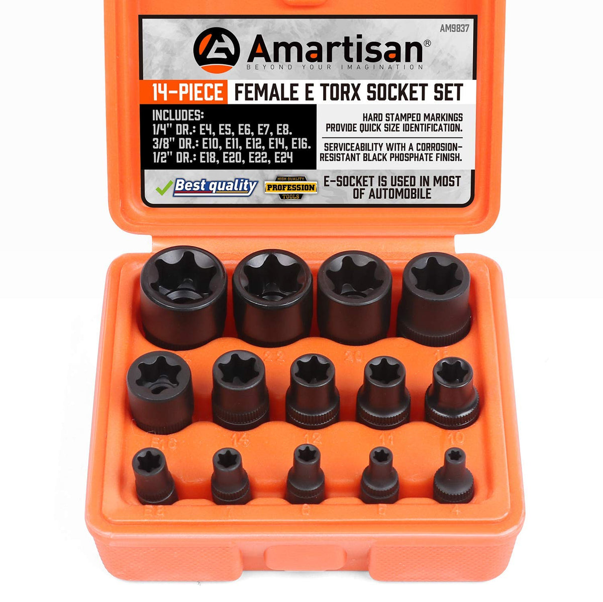 LinkMejor 14 kpl naistoistoksi E-Torx Star Socket Set/Rail, 1/4" 3/8" 1/2" Drive, E24 ulkoinen vääntösocket-set