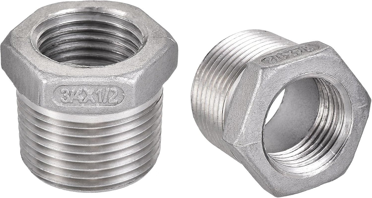 Reducer Hex Bushing, 304 Stainless Steel 3/4NPT Male to 1/2NPT Female, Reducing Forging Pipe Hose Adapter Fitting 2Pcs
