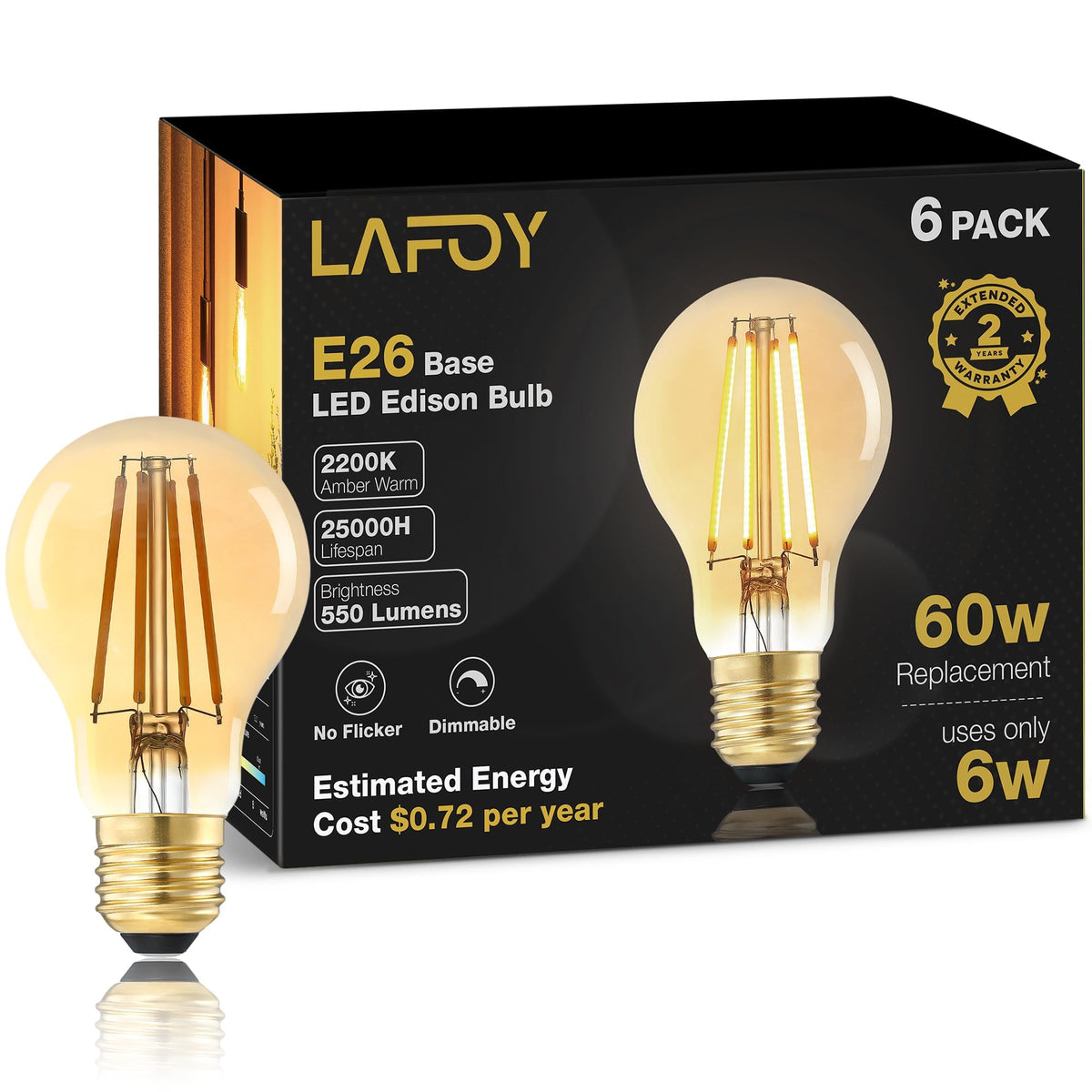 LinkMejor A19 Amber Edison Bulbs, Dimmable E26 LED 60 Watt Equivalent 6 Pack