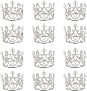 12Pcs Mini Krona Toppningar till Kaka, Aluminium Drottning Prinsessa Liten Silver Krona Tiara Cupcake Hjärtformad med Pearl Rhinestone för Födelsedagskaka Dekor Bröllopsfest, Mini Pearls