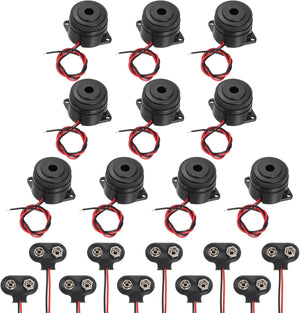 10Pcs DC3-24V 100dB 3500Hz Electronic Piezo Buzzer Alarm Sounder Active Continuous Beep Sound with 9V t Type Battery Connector for Motorcycle Golf Car t Vehicles Car Alarm, Black