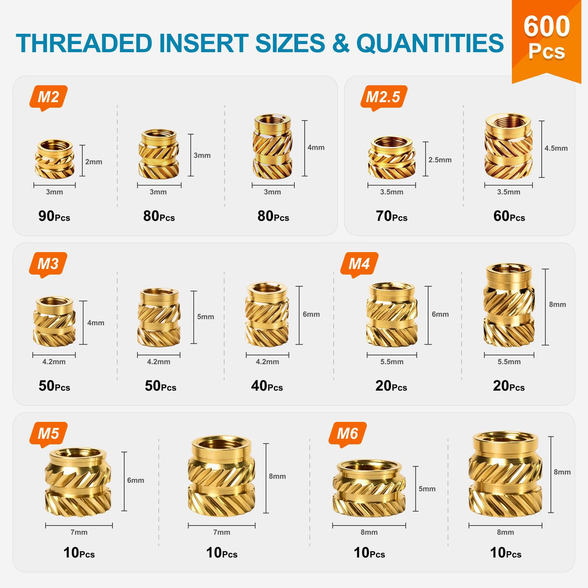 607Pcs Trådindsatser til Plast, Varmesatte Indsatser M2/2.5/3/4/5/6