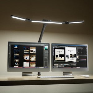 LinkMejor Lampa de Birou Lată pentru Două Monitoare, 22W Lampa de Birou LED cu Spectru Complet pentru Îngrijirea Ochiului, 3 Secțiuni de Iluminare Reglabile pentru Birou Mare, Reglare Fără Pași, 3000K-5700K