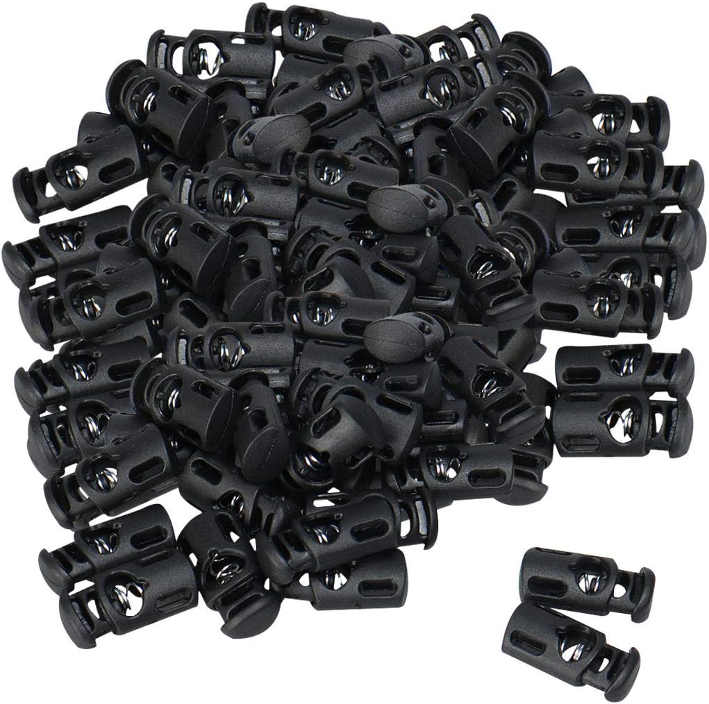 LinkMejor 100pcs Plastic Cord Locks Stoppers End Spring Stop Single Hole Toggle Fastener Stoppers Rope for Drawstrings Camping Black