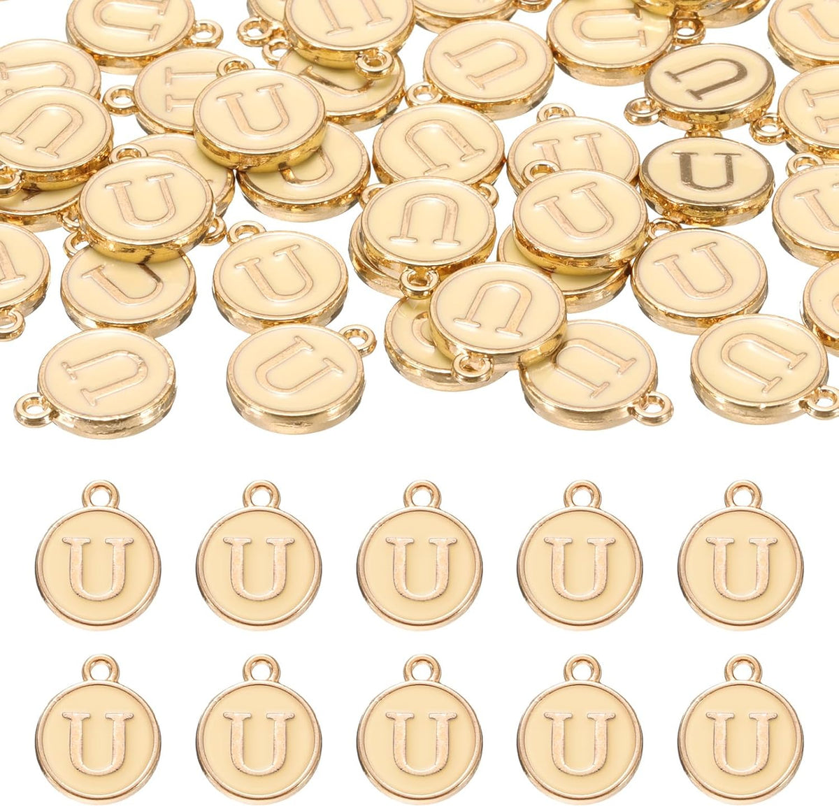 LinkMejor 52pcs Letter Charm, Enamel Letter Pendants, Alphabet U Pendants Double Sided Beads Charm for DIY Bracelet Necklace Pendants Earring Jewelry, Champagne Gold