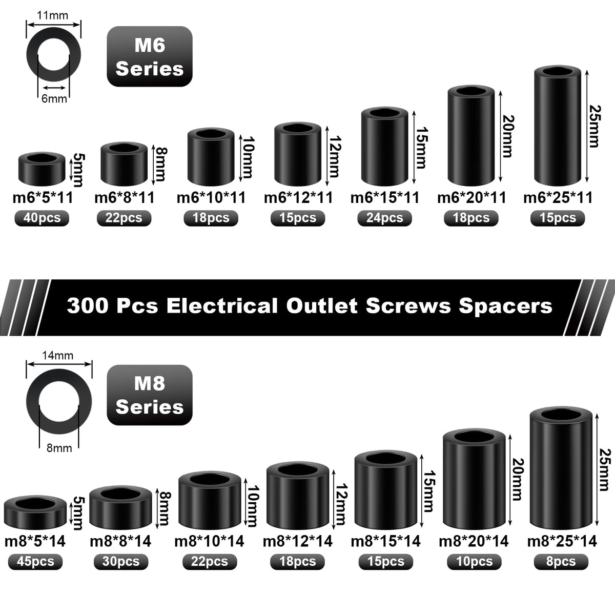 300 ชิ้น สเปซเซอร์กลมสีดำจากนิลอน สำหรับตัวตึง M6 M8, ชุดเครื่องมือประตูไฟฟ้า