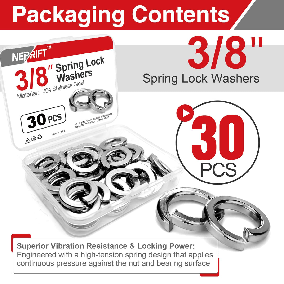 LinkMejor 30PCS 3/8" Spring Lock Nuts, 304 RVS Gesplitte Nuts