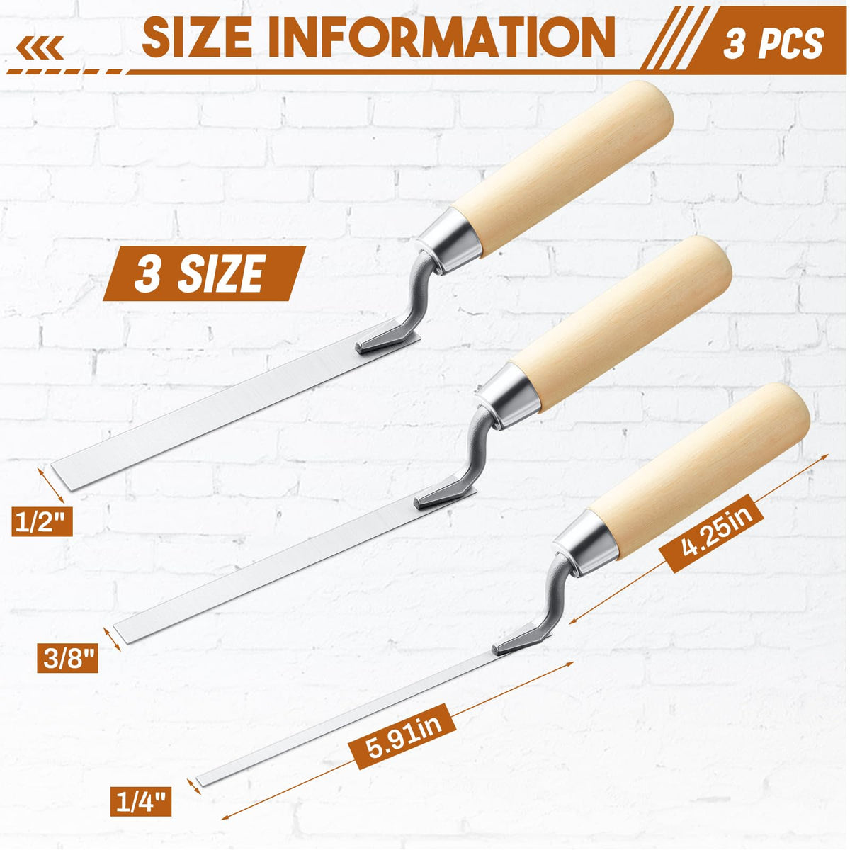 3 Pcs Peckspade, 6-3/4" x 1/4", 3/8", 1/2", Trähandtag