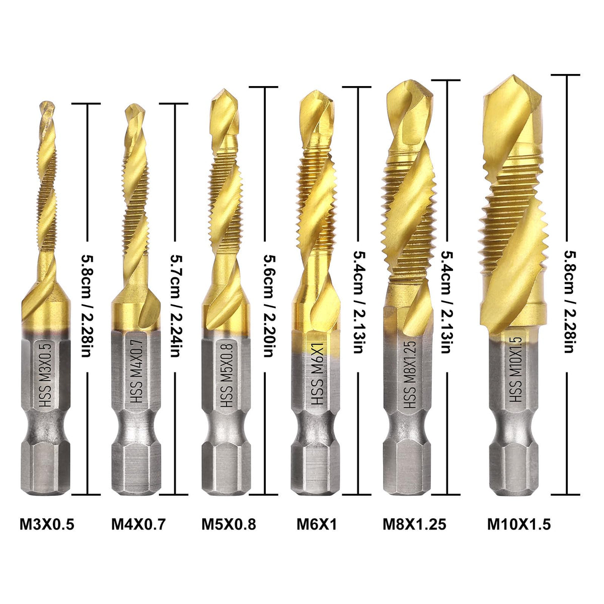 Drill Tap Set 6Pcs, Titanium Plated Combination Taps Drill Bit Set