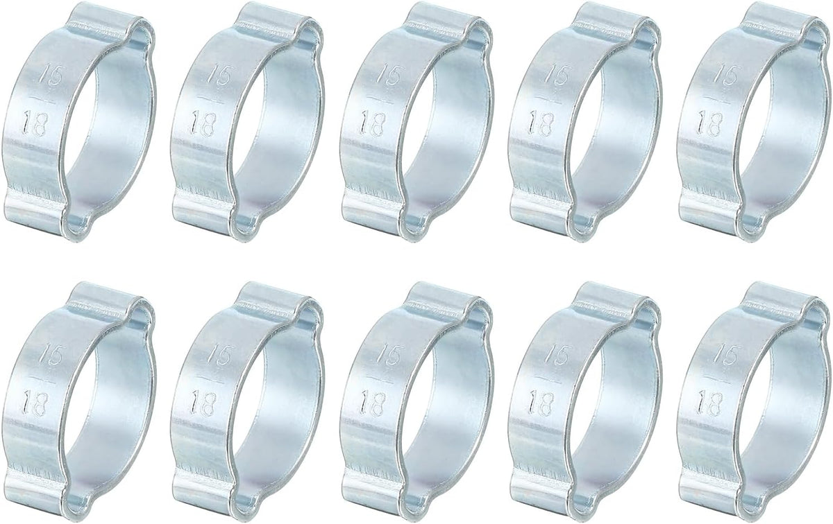 10Pcs Double Ear Hose Clamps, Adjustable 15-18mm(0.59"x0.71") Iron Zinc Plated Two-Ear Hose Clamp, O Clip Hose Clamps Fuel Line Clamps Hose Clamp, Double Ear O Clips