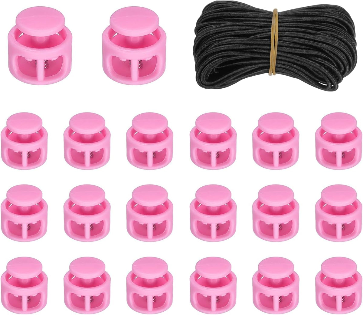 20 Pcs Double Hole Cord Locks with 32.8 ft Elastic Cord, 14mm Nylon Spring Toggle Stopper Clip for Backpack Shoelaces Drawstring Paracord Pants, Rose Red