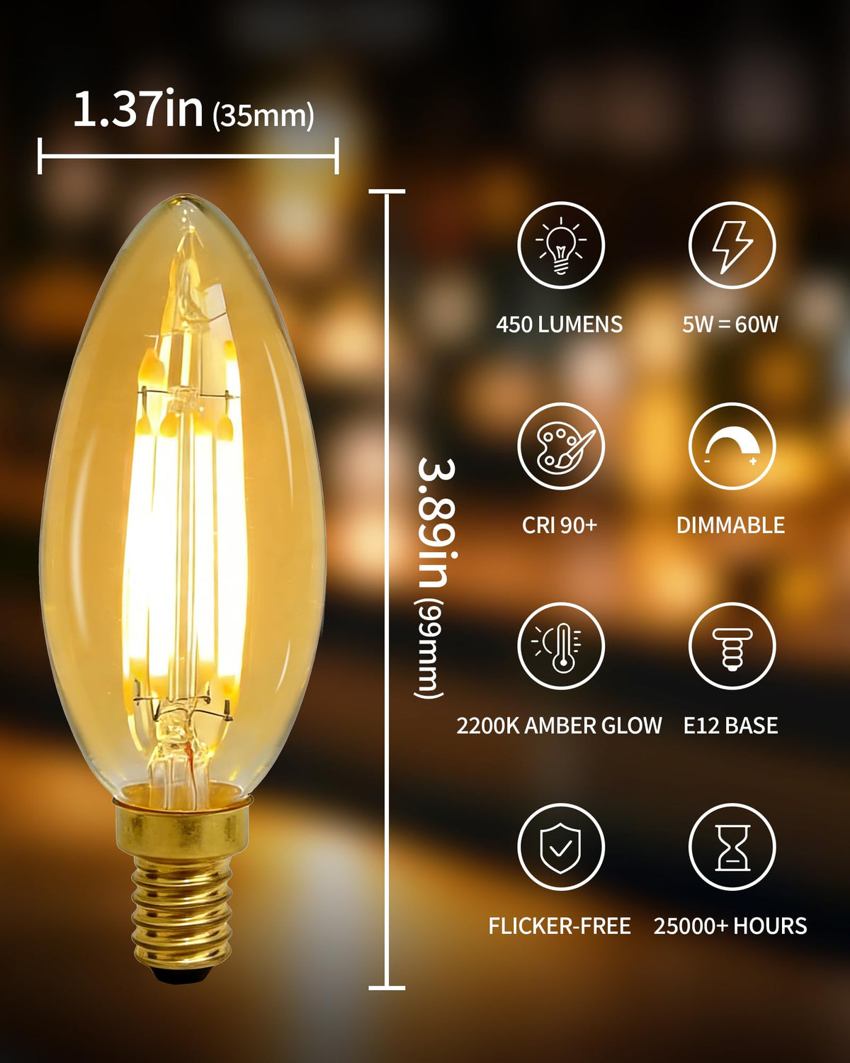Amber E12 Candelabra LED Bulbs, Dimmable 60W Equivalent Chandelier 6 Pack