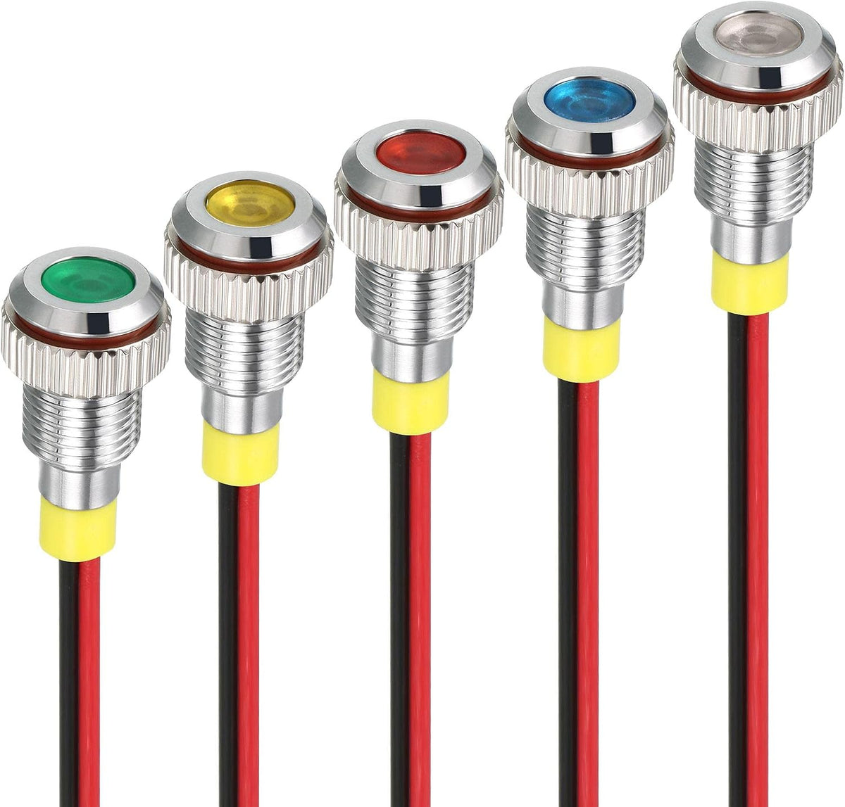 Signal Indicator Light AC/DC 110V 8mm Dash Lamp Flush Panel Mount Metal Shell White Red Yellow Blue Green 5Pcs