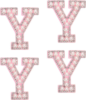 10Pcs Iron on Letters Patches, Letter Y Rhinestone Pearl Alphabet Applique English Letter Sew on Patch for DIY Clothing Hat Bag, White Pink