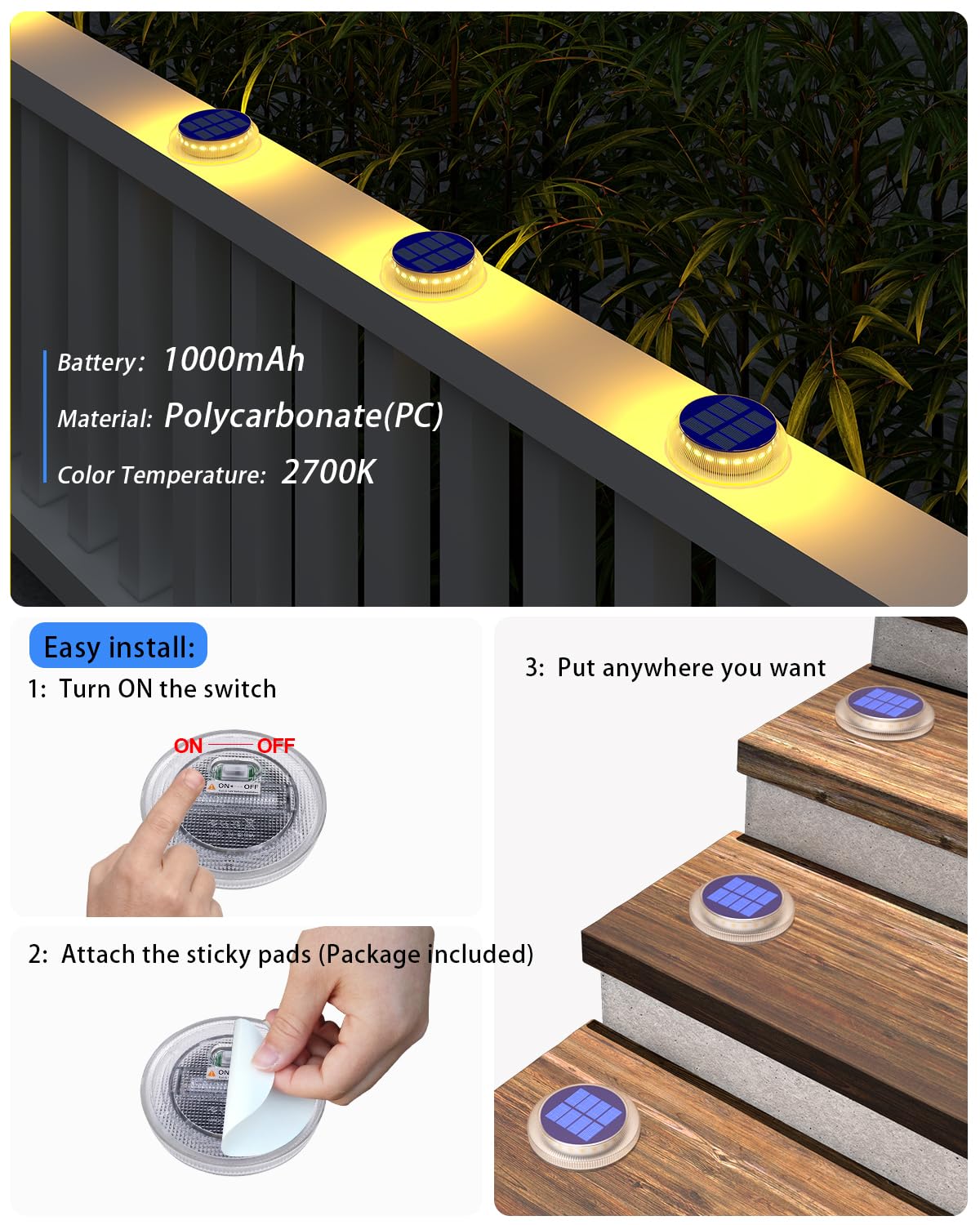 LinkMejor Vlakke Zonne Terras Trapverlichting Outdoor 4 Pack Warm Wit Ronde