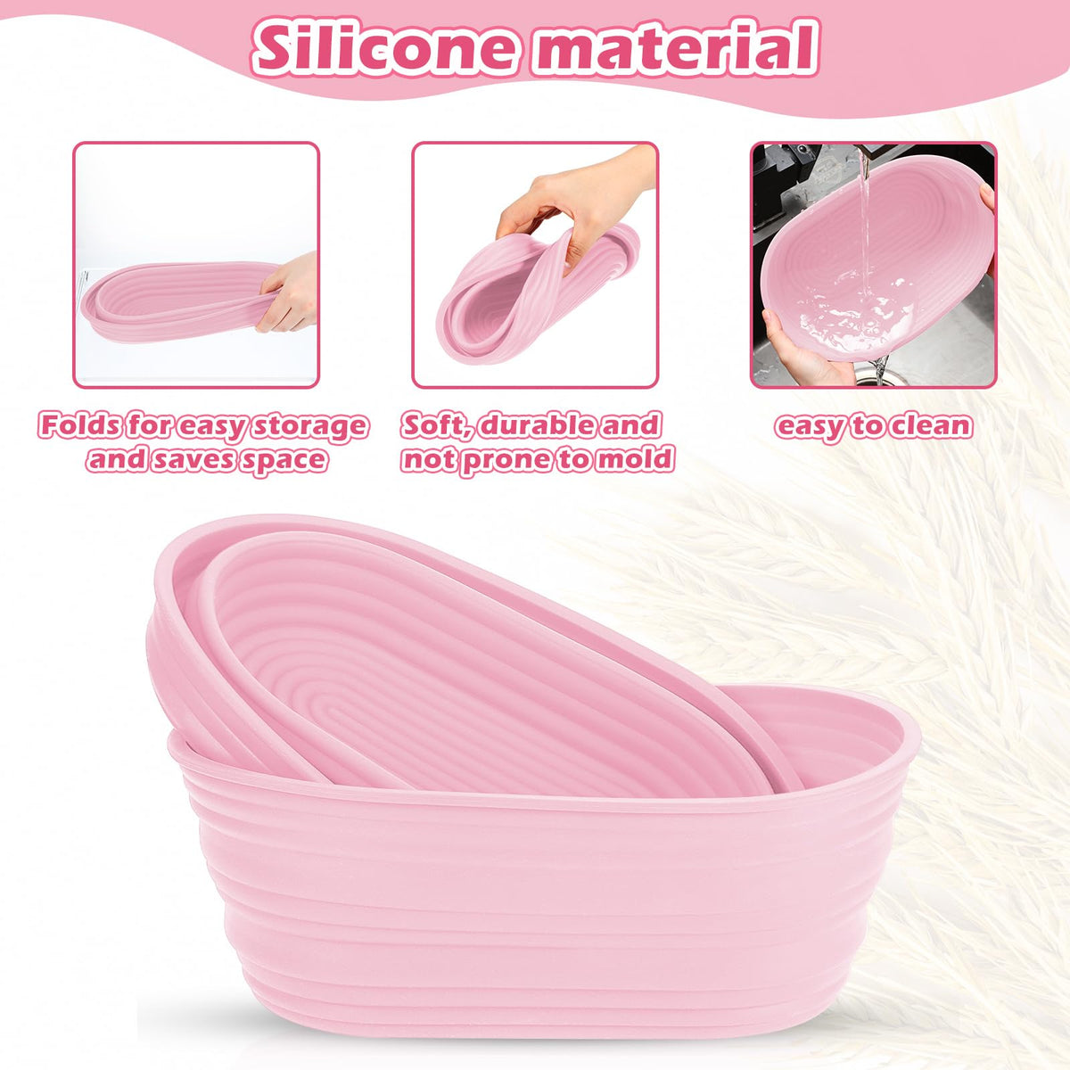LinkMejor 4 Pack Oval Bread Proofing Basket Silicone 10 Inch Collapsible,Pink