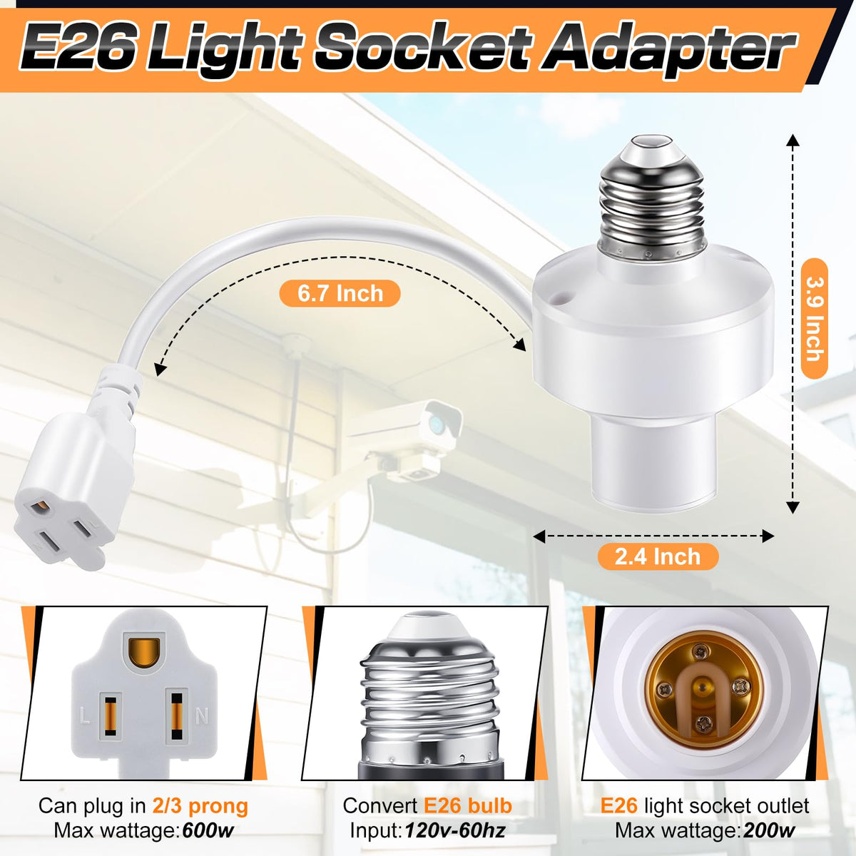 LinkMejor 3 in 1 E26 Socket Outlet Adapter, Socket ke Plug, 2 Pcs