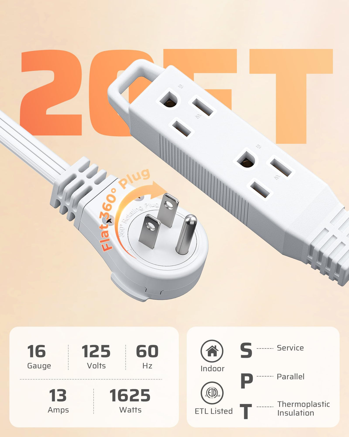 ลิงค์เมโจร์ 20FT 360° หมุนเวียน ปลั๊กแบบแผ่น สายขยาย/Wire, SPT-3 16/3C