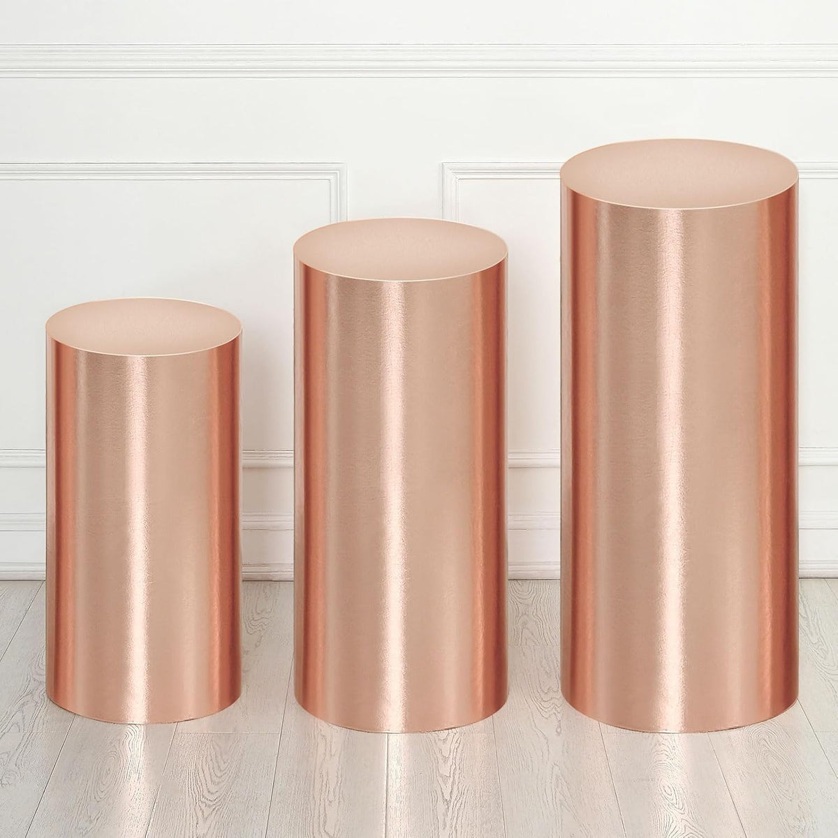Set of 3 Champagne Gold Cylinder Spandex Stand Covers, Plinth Stand Cover for Party Wedding Birthday Decoration, Only Contains Cylinder Covers (Foil Fabric - Large)