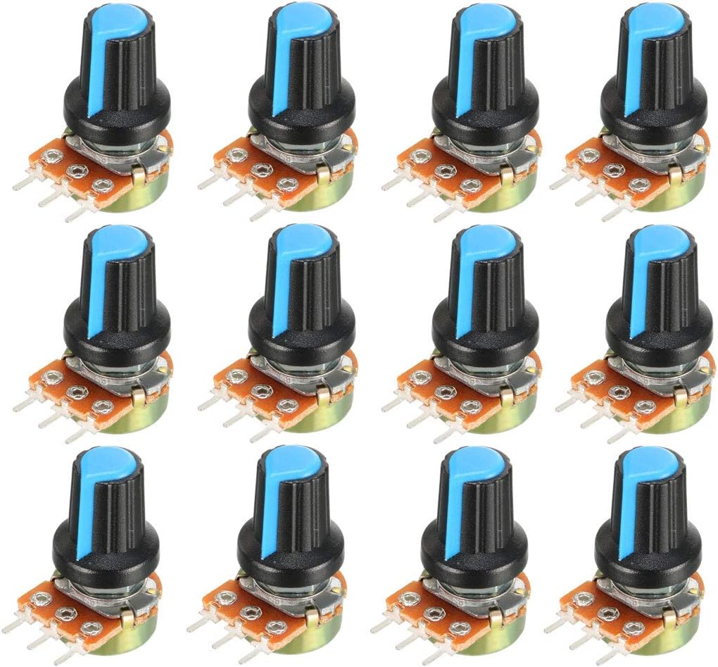 12Pcs 10K Ohm Variable Resistors Single Turn Rotary Carbon Film Taper Potentiometer with Knobs