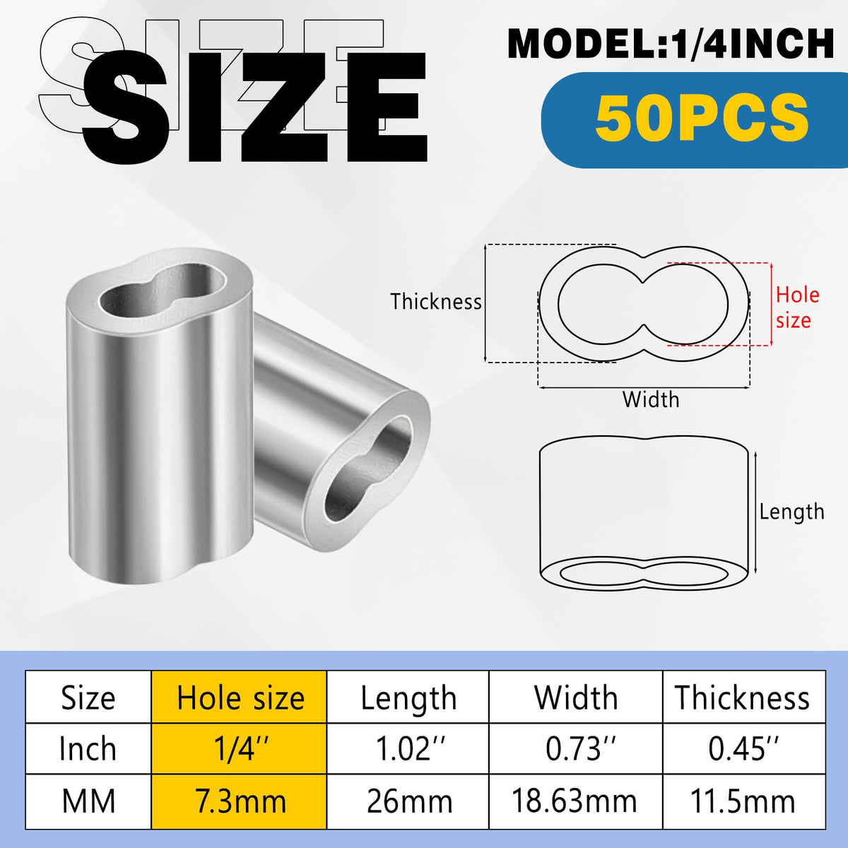 50 stk 1/4" Aluminium Klemmeloopsænk, Kabelfastgørelsesbeslag, Sølv