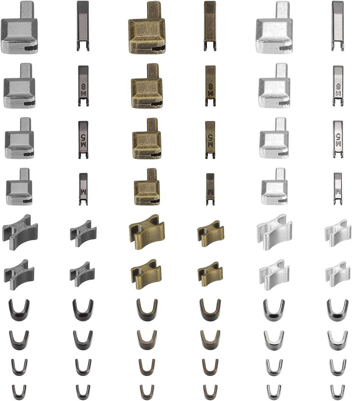 Zipper Stop Repair Kits, Metal Latch Slider Retainers Box & Insertion Pins & Top Bottom Stoppers for Bags Coats Zippers Replacing (60PCS: 4Sizes: #3, #5, #8,#10, 3Colors)