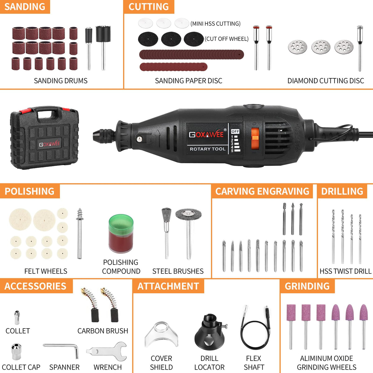 LinkMejor Mini Drehwerkzeug-Set mit kugelschlossfreiem Spannwerkzeug & Flex-Achse - 140 Teile, Schwarz