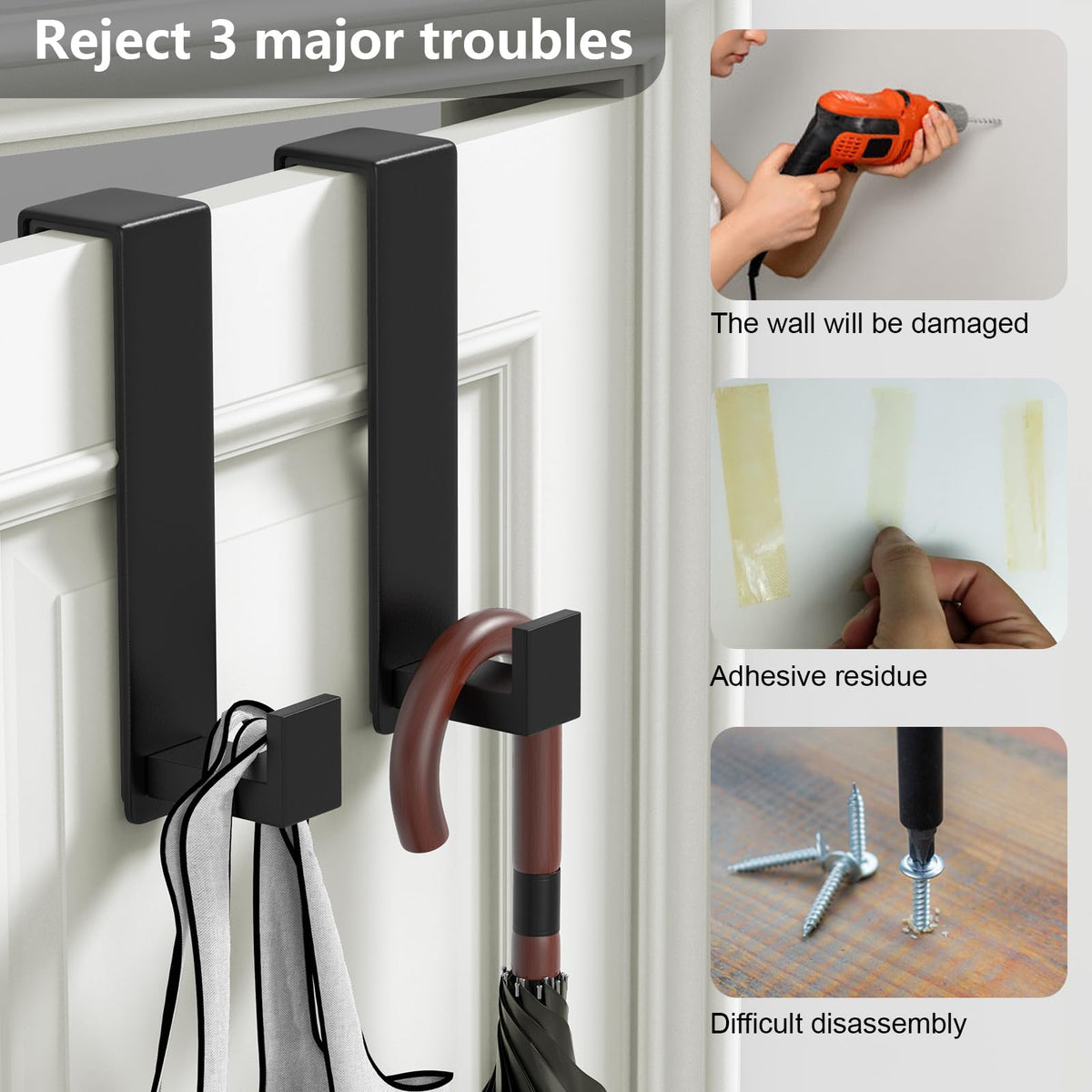 LinkMejor Door Hooks for 1-3/4 Inch Doors, Black- 2 Pack, L Shape