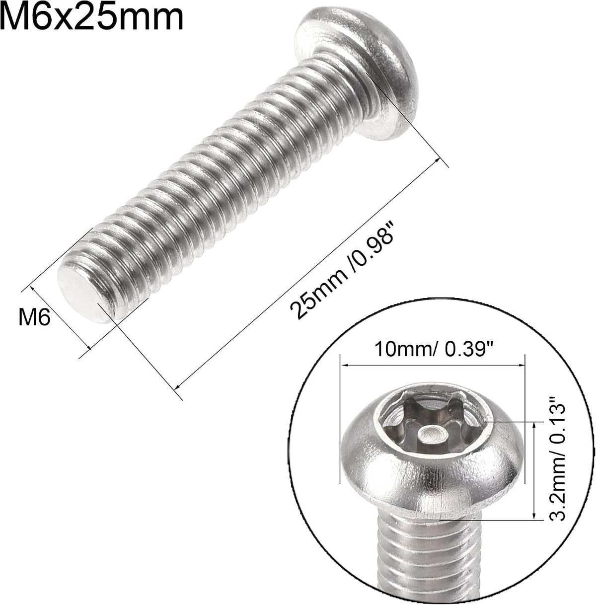 M6x25mm Torx Security Machine Screw, 20pcs Pan Head Screws Inside Column, z kluczem T30 L-Type, śruby zbolty z nierdzewnej stali 304