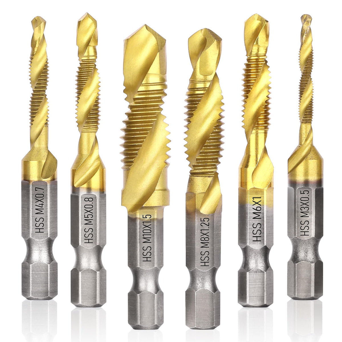Drill Tap Set 6Pcs, Titanium Plated Combination Taps Drill Bit Set