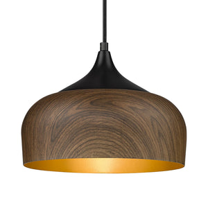 LinkMejor Modern Bauhaus Pendant Light Walnut Wooden Pattern Dome Pendant Light Fixture Matte Black Metal Gold Inner Adjustable Hanging Lighting for Kitchen Island Dining Room Office Hallway Bedroom